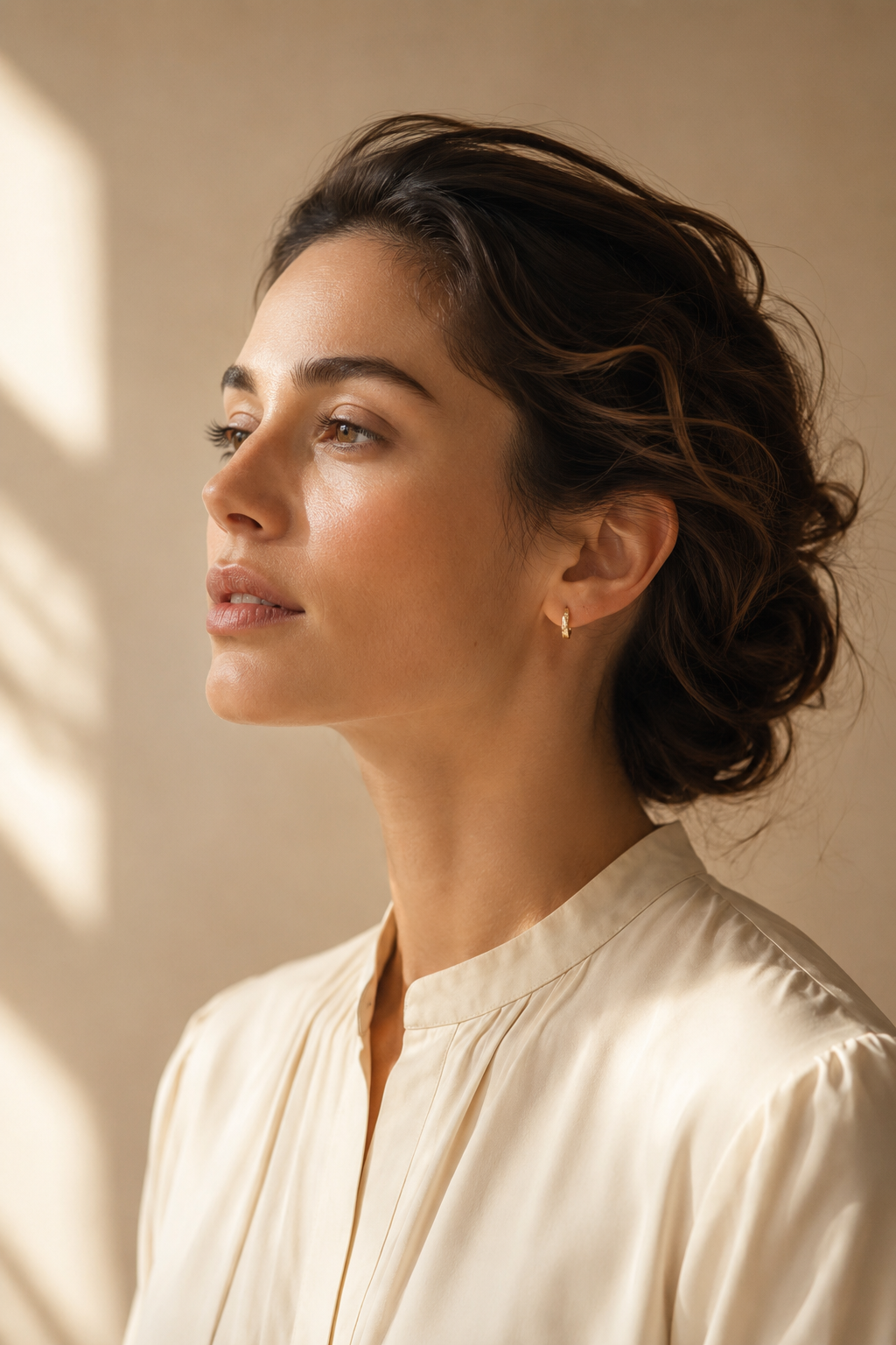 Model wearing delicate gold earrings