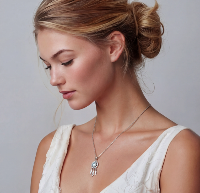 Woman wearing a silver-tone pendant necklace